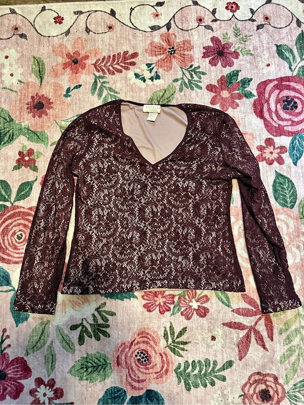 Express Long Sleeve Lace Top in Brown Size Medium
